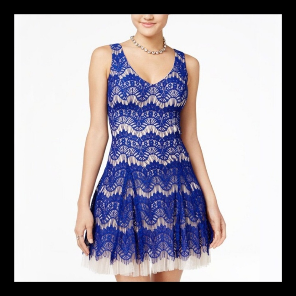 B. DARLIN ROYAL BLUE FIT FLARE LACE DRESS